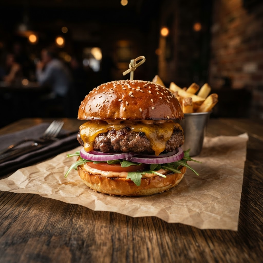 Gourmet cheeseburger on parchment paper