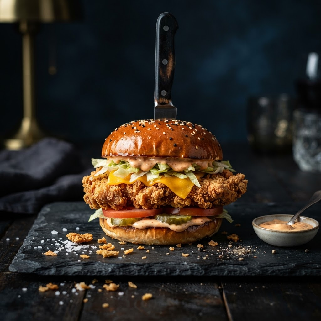 Crispy fried chicken sandwich with a knife through the bun