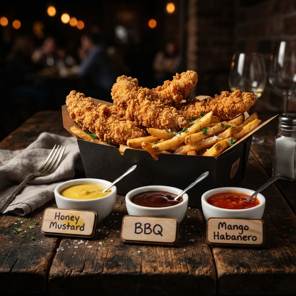 Fried chicken tenders with BBQ and mango habanero dipping sauces