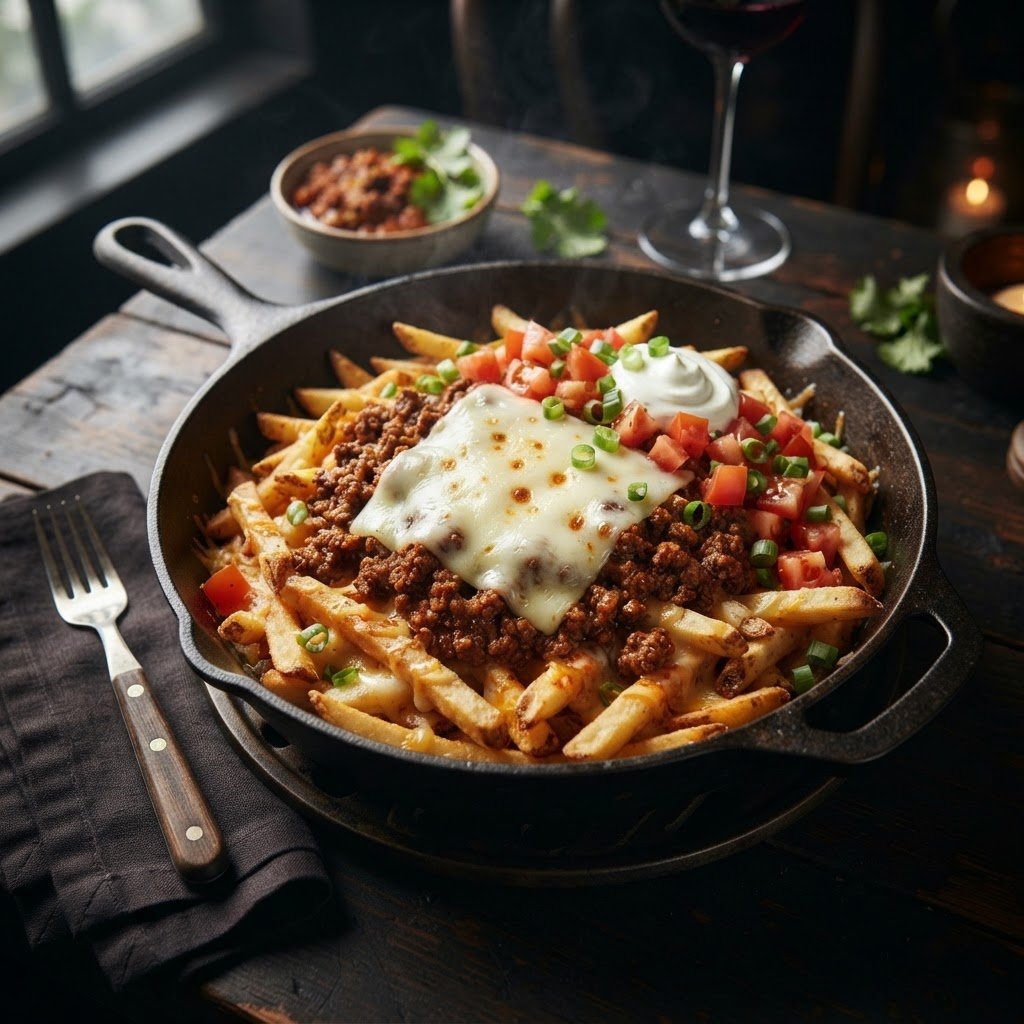 Loaded fries with seasoned beef, tomato and melted cheese